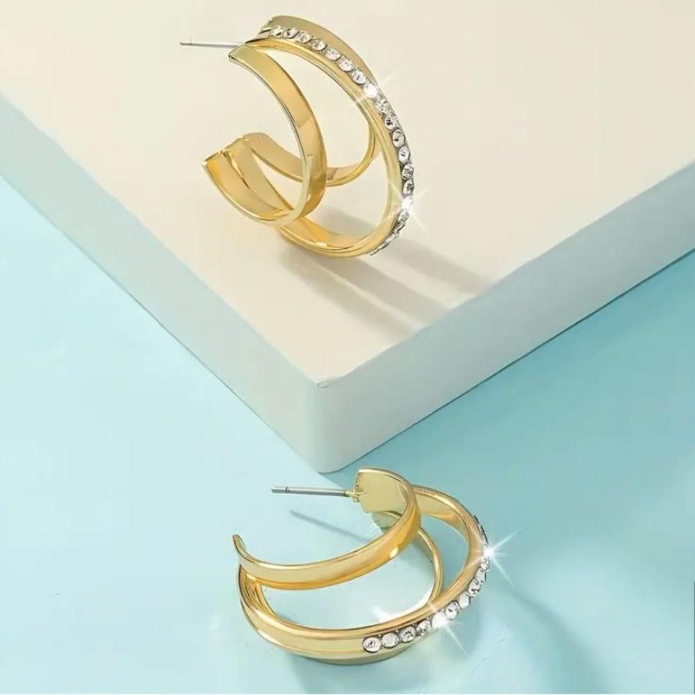 Gold And Rhinestone Triple Layered Hoop Earrings - Picture 4 of 4